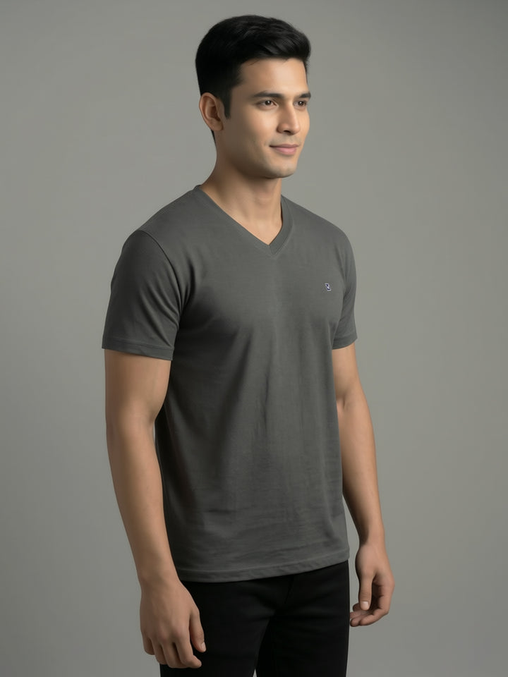 Men's Regular Fit V-Neck Grey T-Shirt Caliber