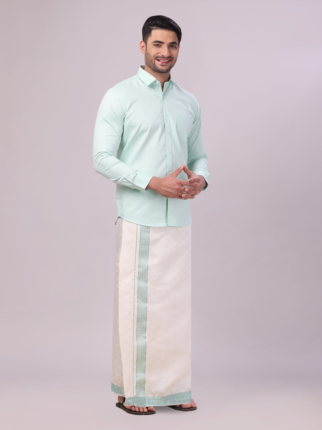 Men's Cotton Sea Green Shirt and Airtex Matching Border Dhoti Combo Nector side pose