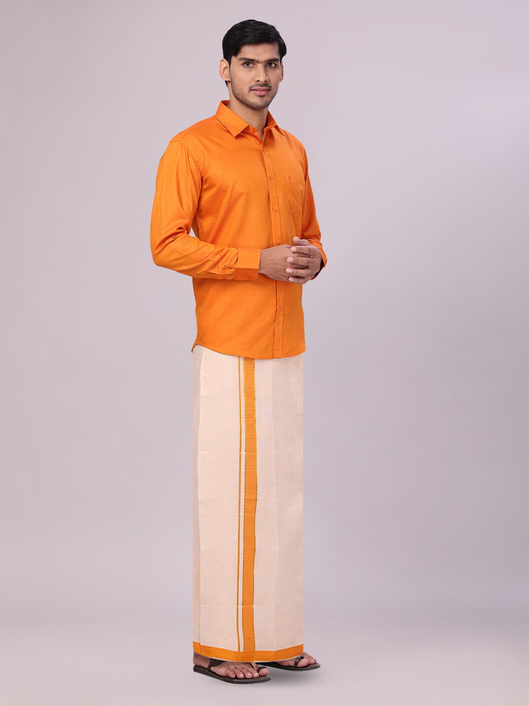 Orange Color Cotton Shirt with Matching Border Tissue Dhoti Combo for men - front pose