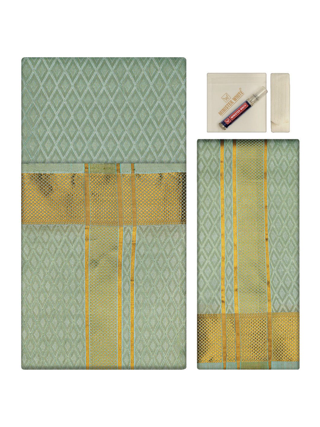 Mens Art Silk Pista Full Sleeves Shirt with 2 1/2"  Gold Jari Border & Towel Dhoti Combo Spruce
