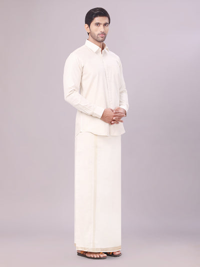 Men's Beige Color Tissue Shirt with Jari Dhoti Combo side pose