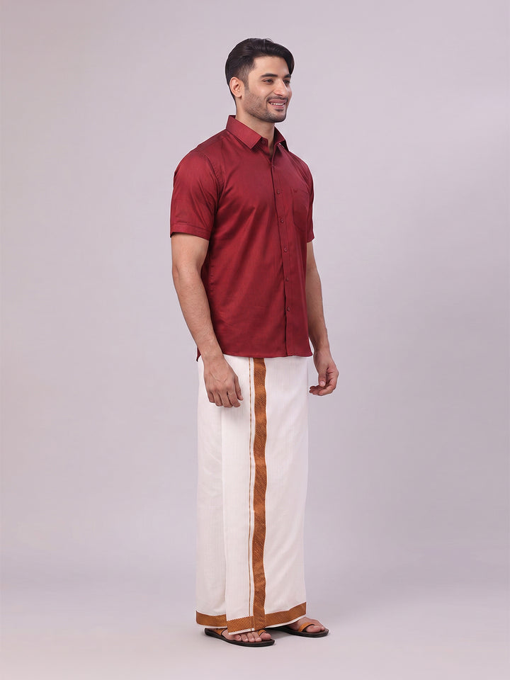 Men's Cotton Maroon Shirt and Airtex Matching Border Dhoti Combo Nector