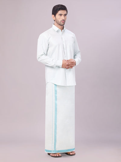 Men's Tissue Mint Blue Colour Dhoti Shirt Wedding Combo Maverick side pose