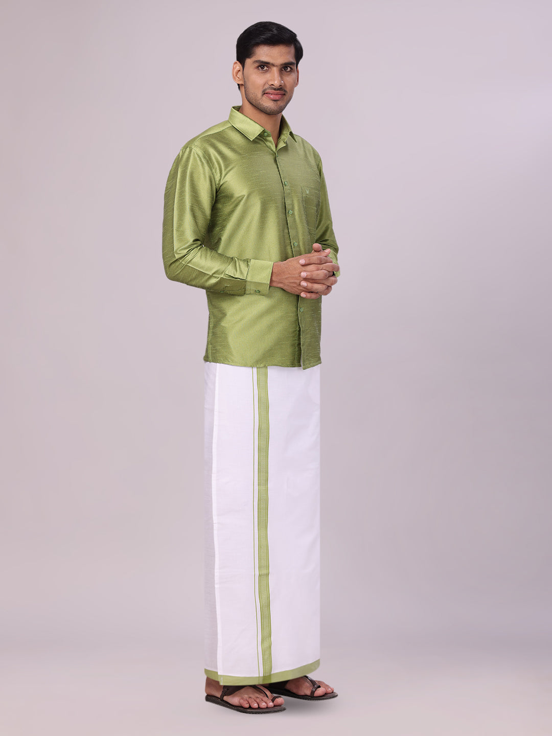 Men's Green Dupion Satin Shirt with Matching Border Dhoti Combo Gora side pose