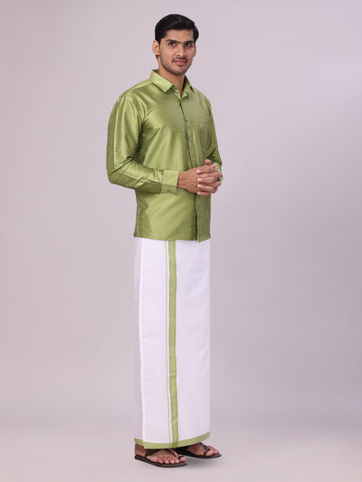 Men's Green Dupion Satin Shirt with Matching Border Flexi Dhoti Combo Gora Flexi side pose