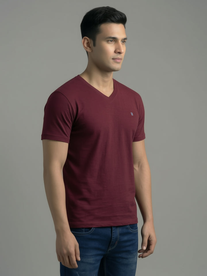 Men's Wine Regular Fit V-Neck T-Shirt Caliber