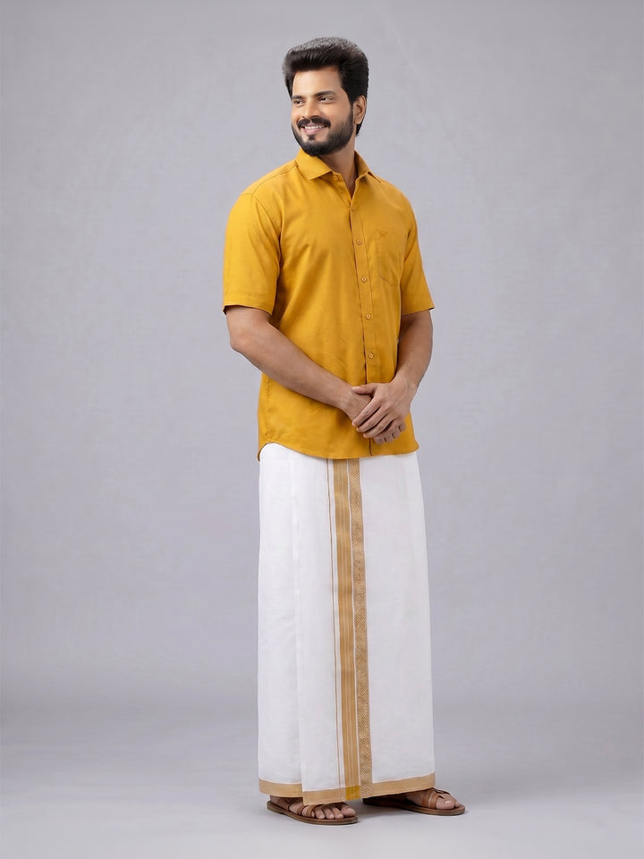 Men's Cotton Golden Yellow Matching Shirt with Fancy Printed Border Dhoti Combo Luster Trend