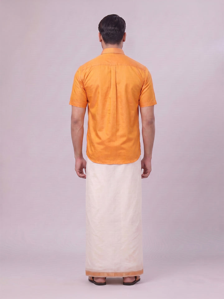 Men's Cotton Orange Shirt and Airtex Matching Border Dhoti Combo Nector