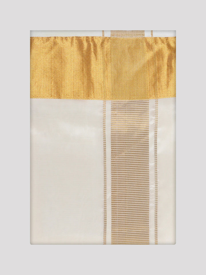 Men's Art Silk Cream Full Sleeves Shirt with 4" Gold Jari Border Dhoti Combo Mangal