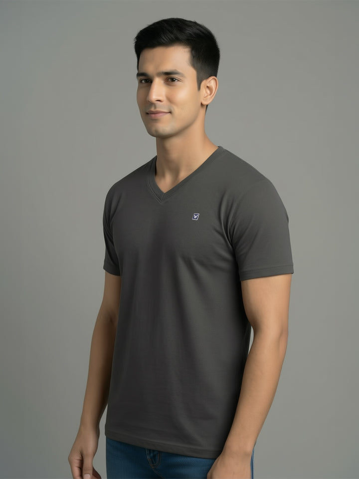 Men's Regular Fit V-Neck Dark Grey T-Shirt Caliber