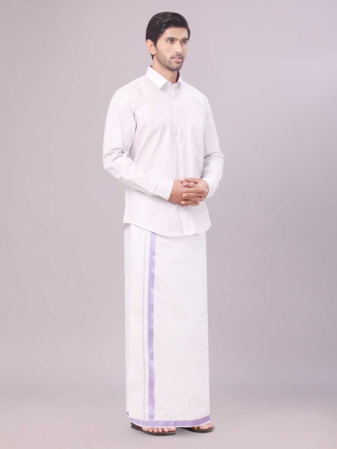 Men's Tissue Lavender Colour Dhoti Shirt Wedding Combo Maverick side pose