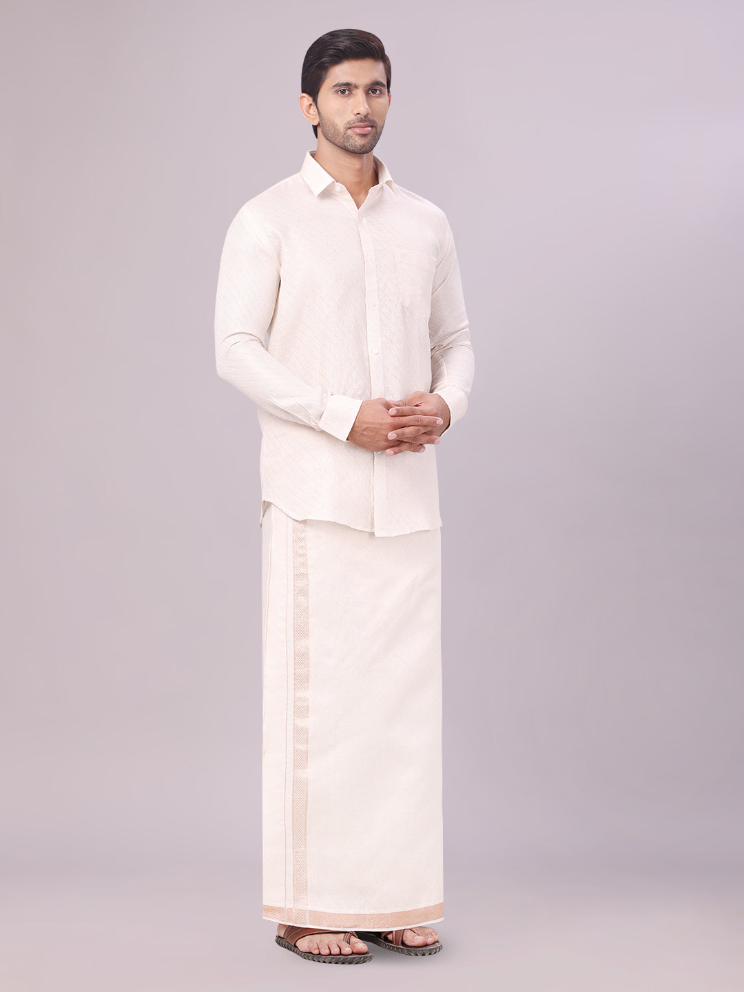 Men's Light Copper Tissue Jacquard Shirt with Matching Dhoti Combo Zeus side pose