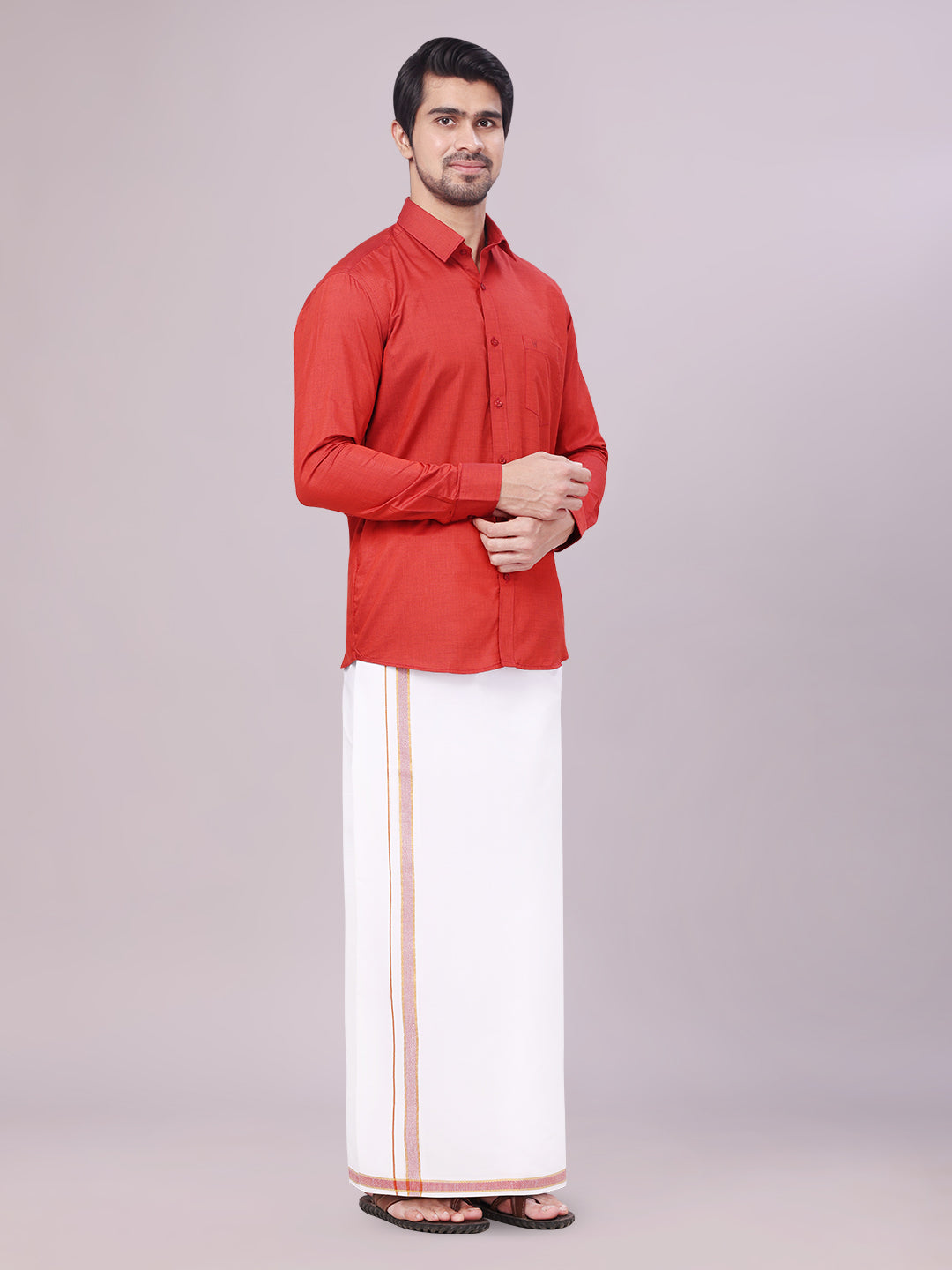 Men's Crimson Red Shirt with Matching Border Dhoti Combo Pinto side pose