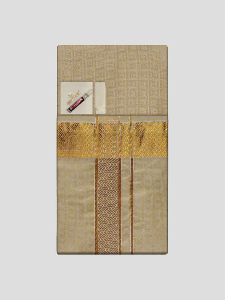 Men's Premium Art Silk Fawn Shirt Bit with 2 1/2" Gold Jari Border Dhoti Combo Sieger