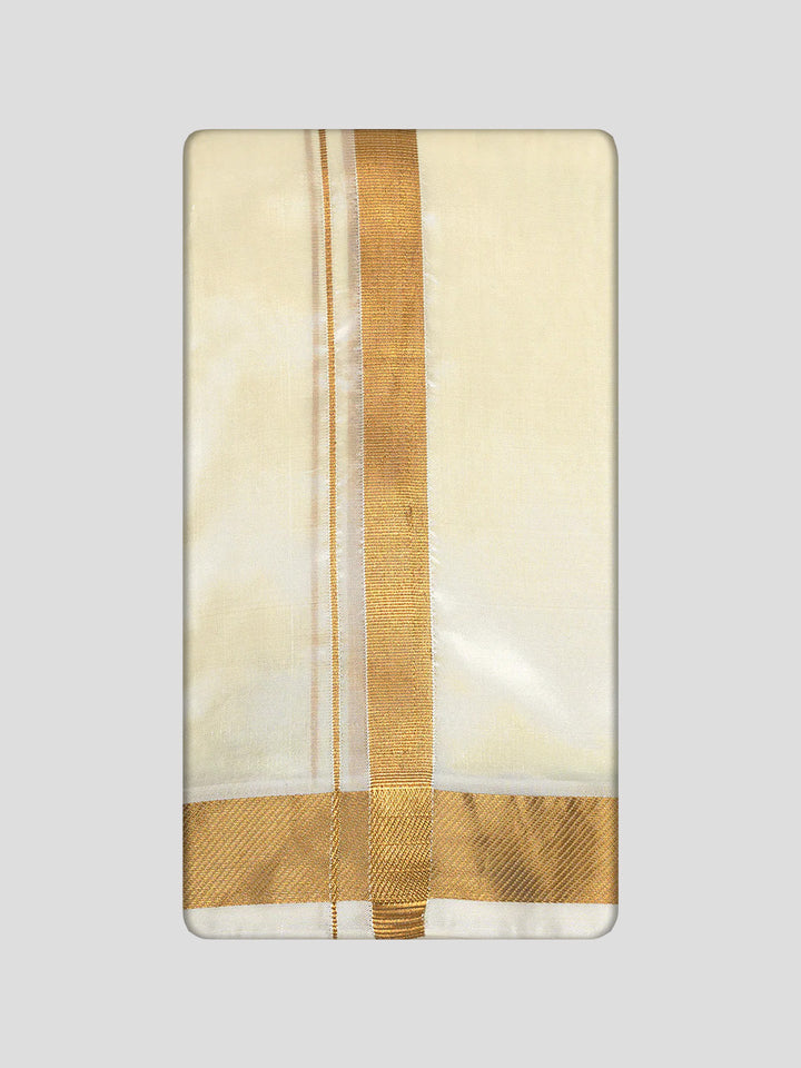 Men's Premium Art Silk Cream Shirt Bit with 50k Gold Jari Border Dhoti Towel Combo Wedding Wonders