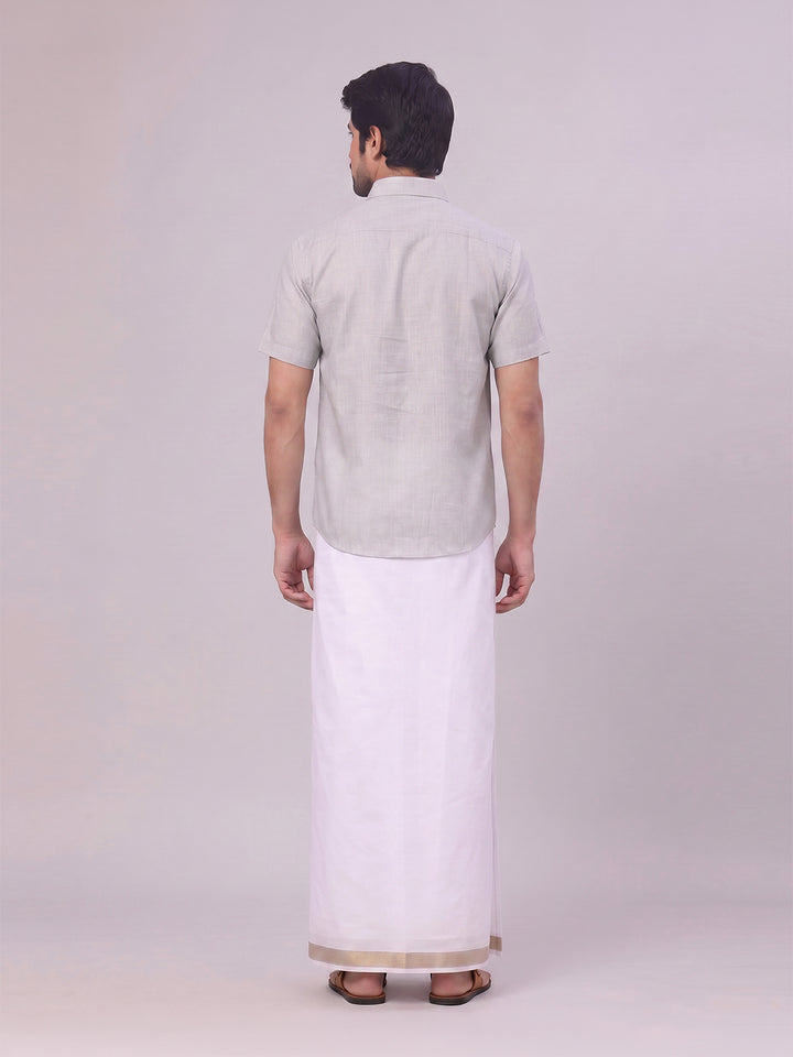 Mens Light Grey Shirt with Matching jacquard Weave Border Dhoti Combo Marsh