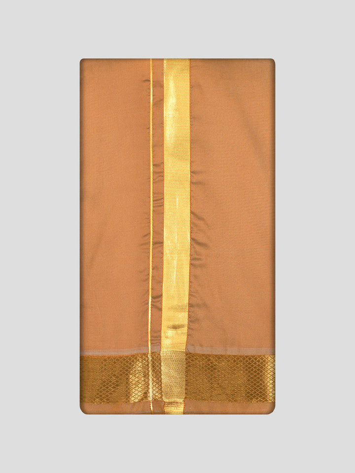 Men's Premium Art Silk Dark Gold Shirt Bit with Gold Jari Border Dhoti Towel Combo Wedding Wonders