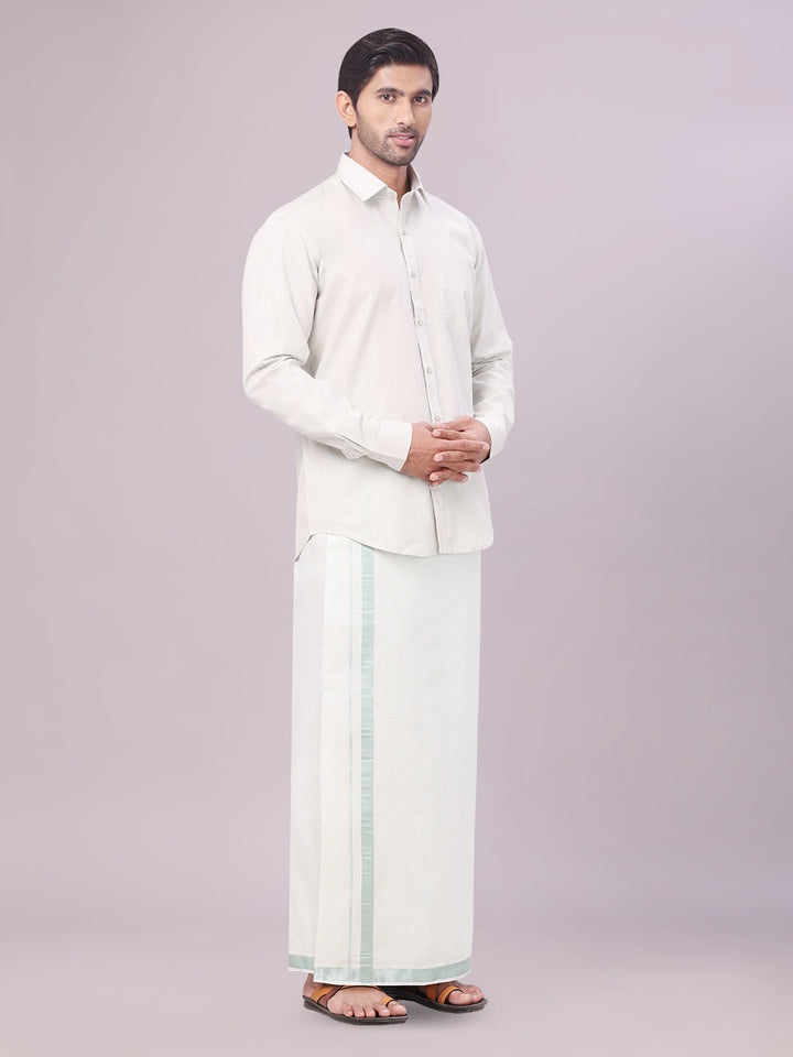 Men's Tissue Leaf Green Color Dhoti Shirt Wedding Combo Maverick side pose