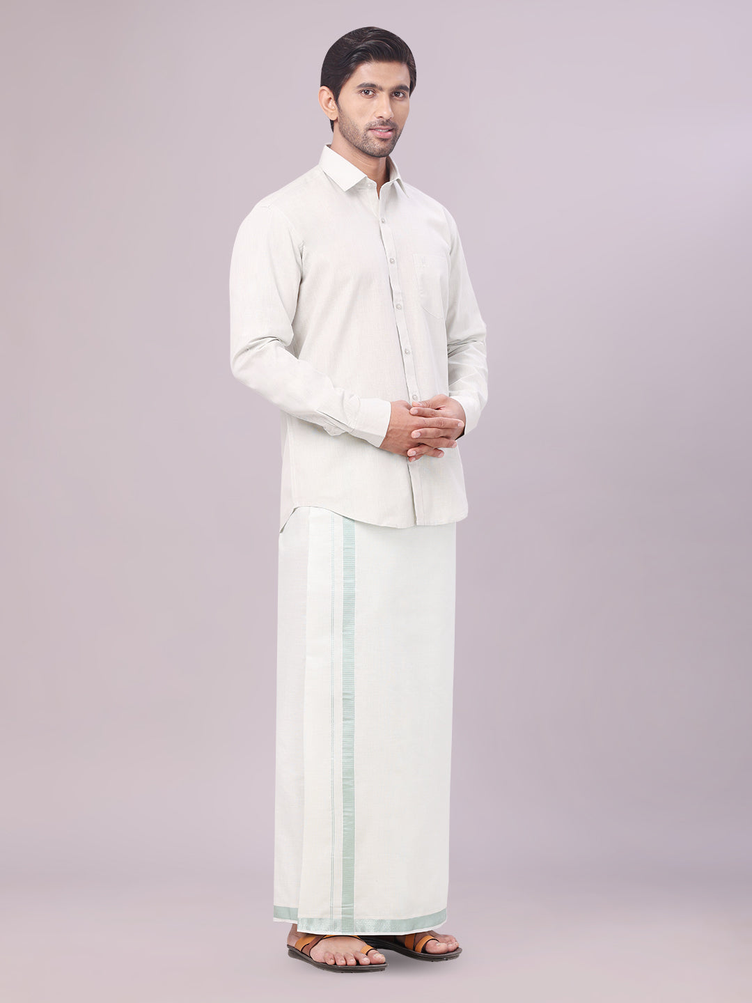 Men's Tissue Leaf Green Color Dhoti Shirt Wedding Combo Maverick side pose