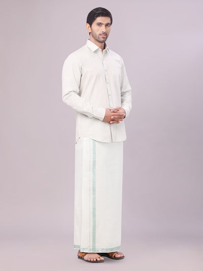 Men's Tissue Leaf Green Color Dhoti Shirt Wedding Combo Maverick side pose