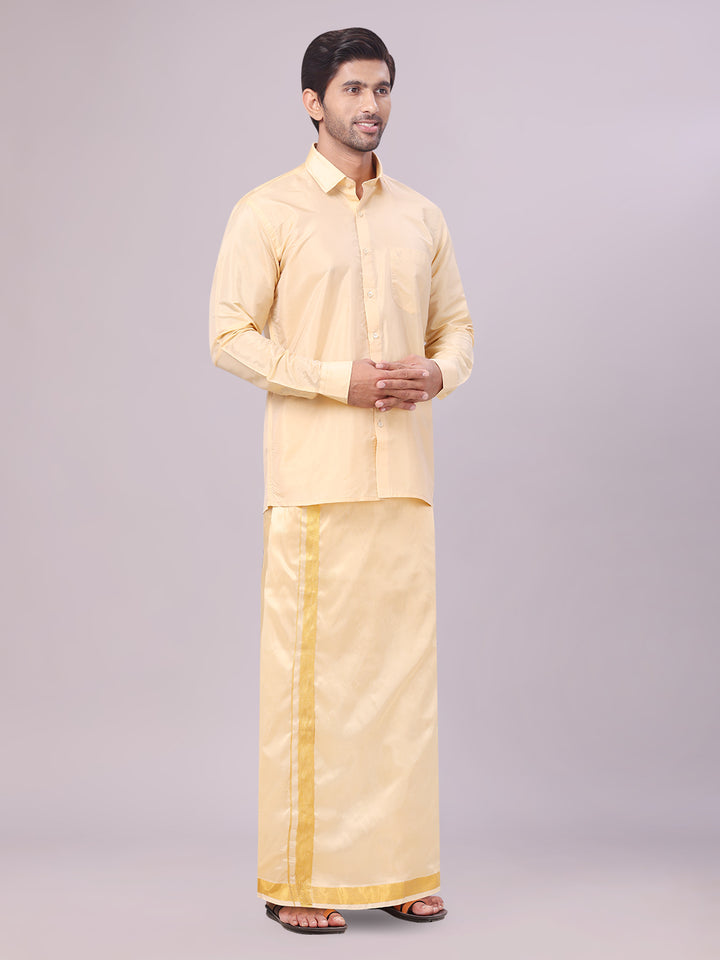 Mens Art Silk Medium Gold Full Sleeves Shirt with Gold Jari Border Dhoti & Towel Combo Blush