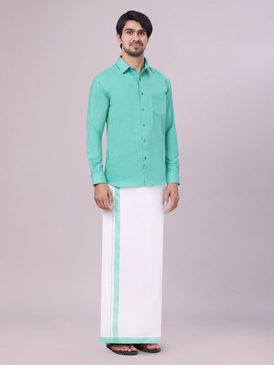 Men's Light Blue Colour Shirt with Matching Fancy Border Dhoti Combo Lemax side pose