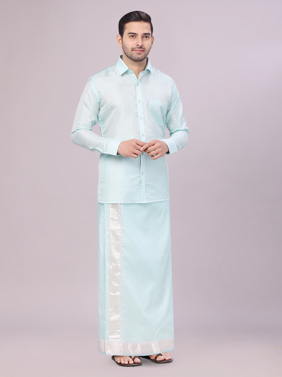 Men's Art Silk Sea Green Full Sleeves Shirt with 2 1/2" Silver Jari Border Dhoti Combo Neogen side pose