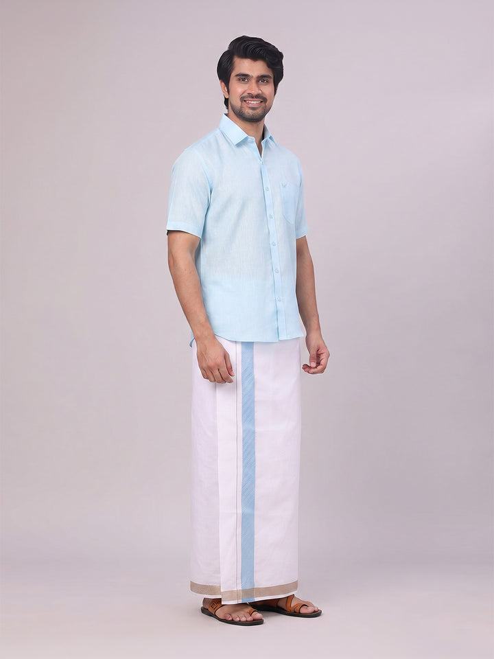 Mens Light Blue Shirt with Matching jacquard Weave Border Dhoti Combo Marsh
