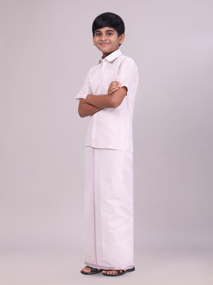 Boys Tissue Light Rose Colour Shirt with Dhoti Combo side pose