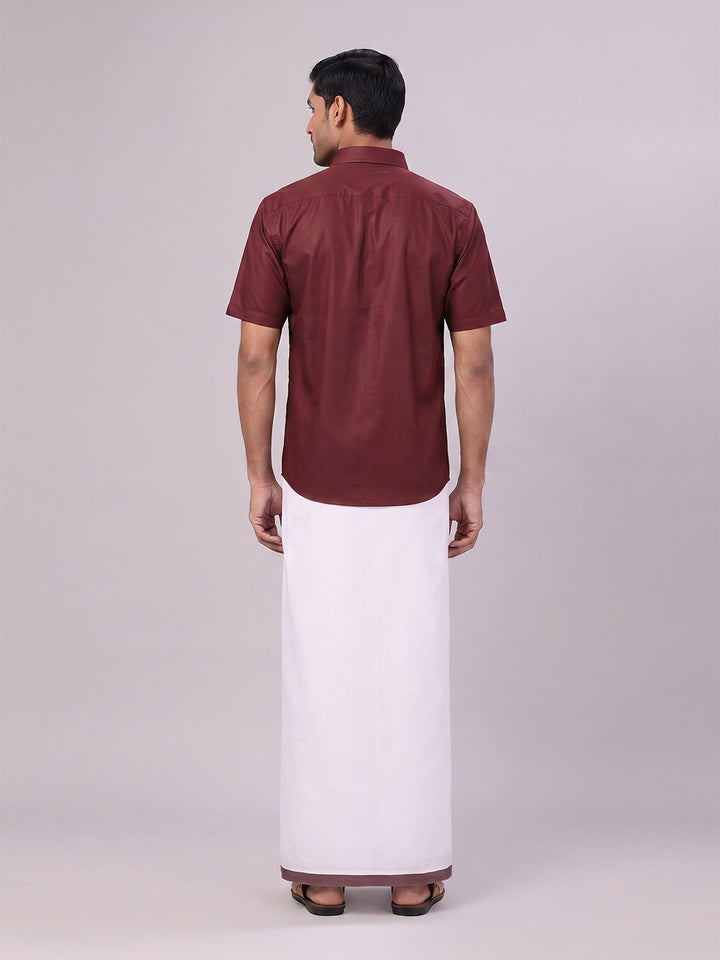 Mens Maroon Color Shirt with Matching Border Dhoti Combo Casper