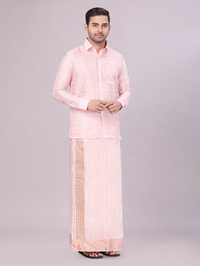 Men's Art Silk Pink Full Sleeves Shirt with 3 1/2" Copper Jari Border Dhoti Combo Neogen side pose