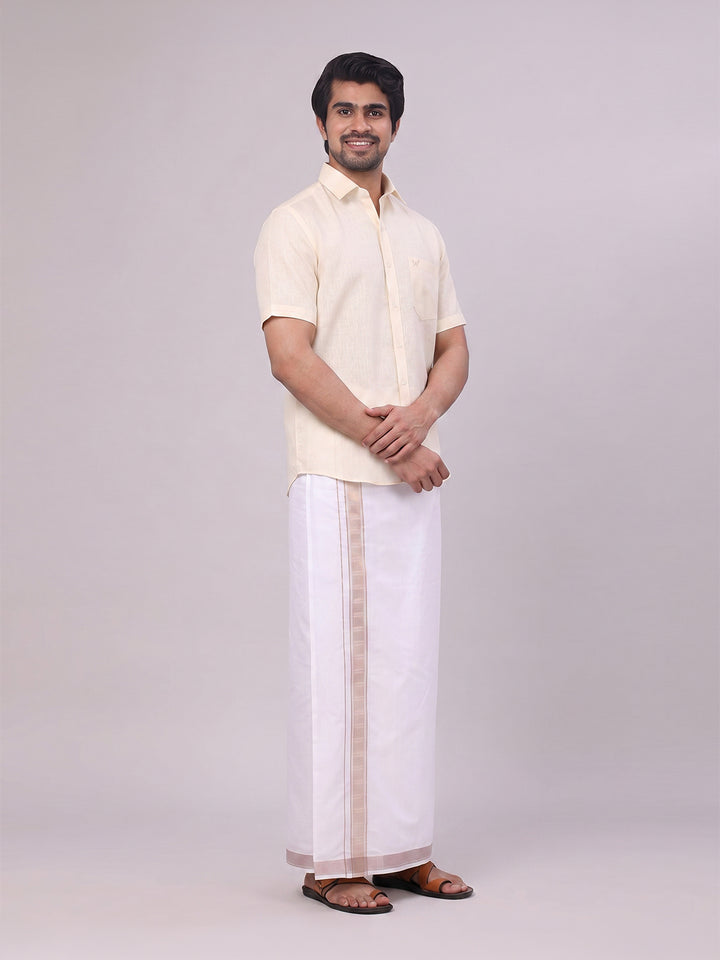 Mens Cream Shirt with Matching jacquard Weave Border Dhoti Combo Marsh