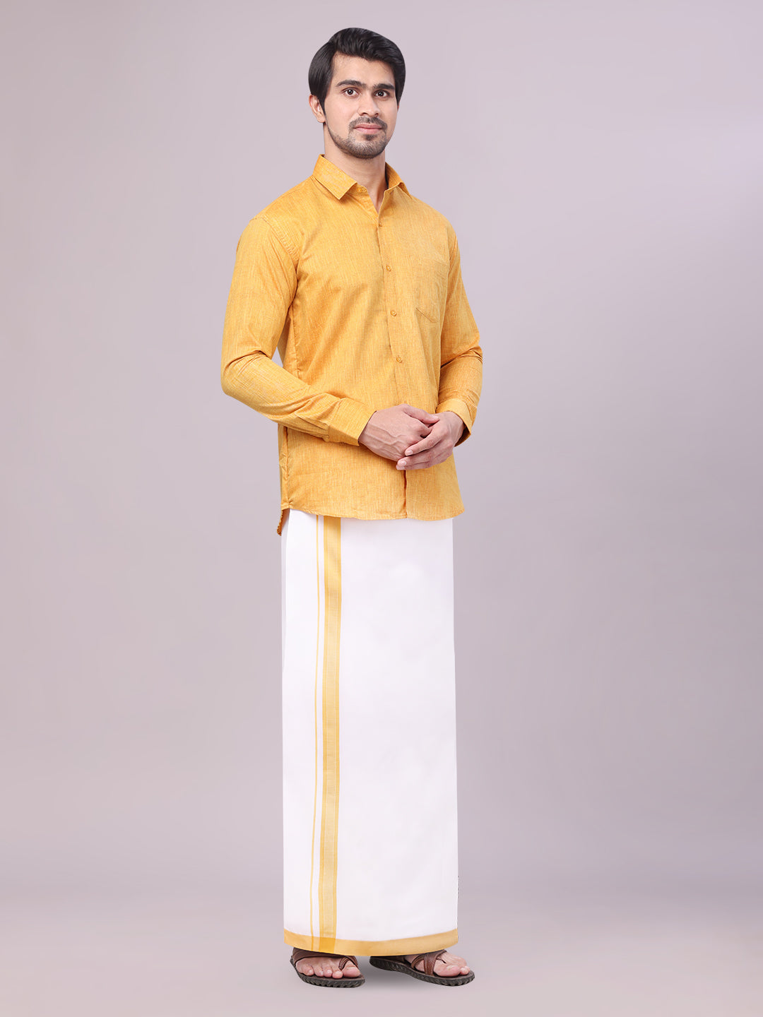 Yellow Colour Cotton Shirt with Matching Border Dhoti Combo for men