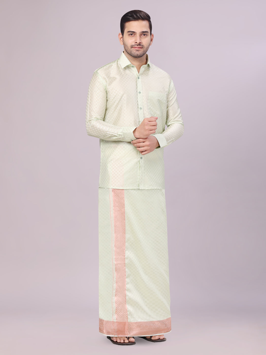 Men's Art Silk Pista Green Full Sleeves Shirt with 3 1/2" Copper Jari Border Dhoti Combo Neogen side pose