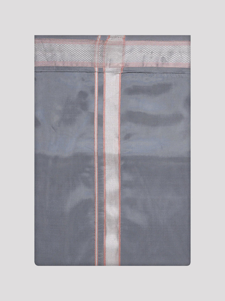 Mens Art Silk Steel Grey Full Sleeves Shirt with Silver Jari Border Dhoti Combo Finesse