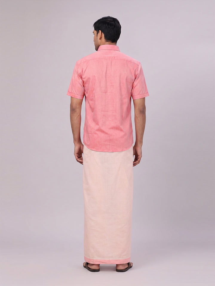 Mens Cotton Pink Shirt with Tissue Matching Border Dhoti Wedding Combo Kandala