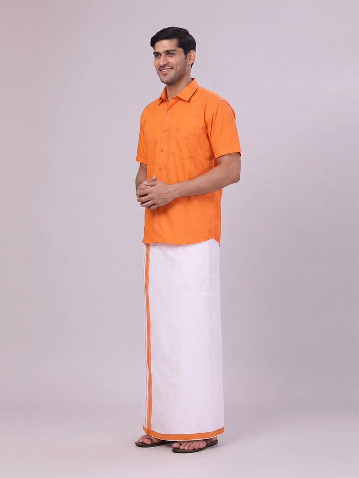 Mens Cotton Orange Matching Shirt and Dhoti Combo Luster