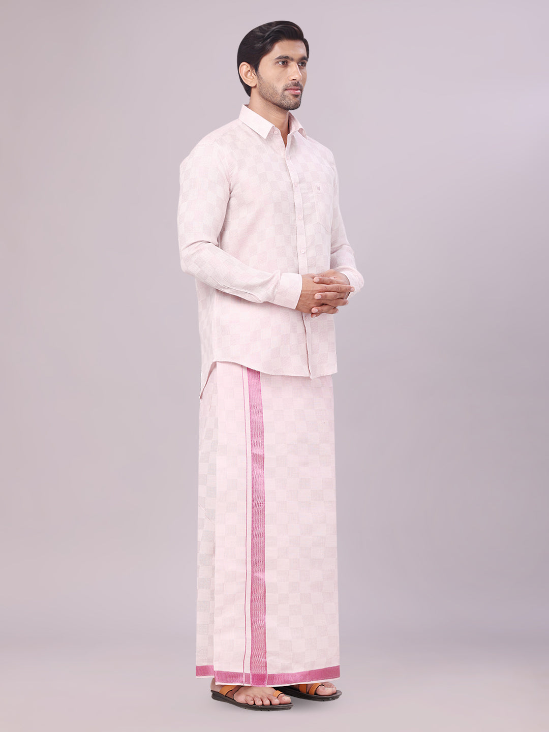 Men's Rose Tissue Jacquard Shirt with Matching Dhoti Combo Zeus side pose