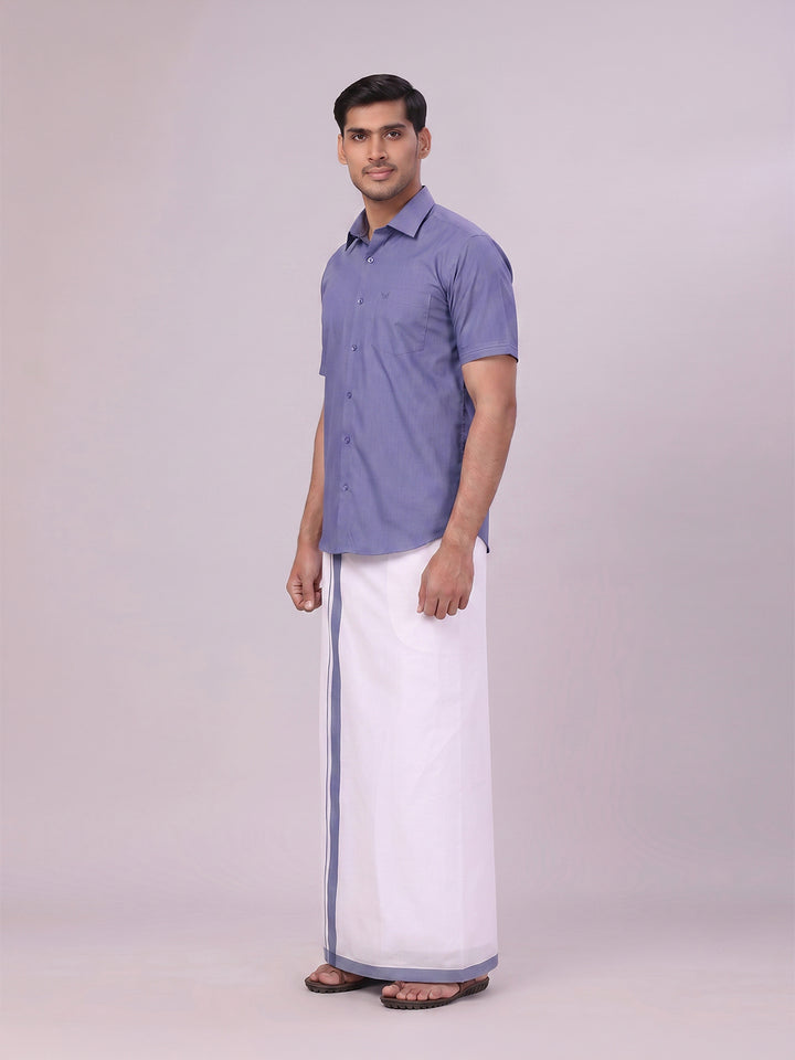 Men's Blue Color Shirt with Matching Border Dhoti Combo Casper