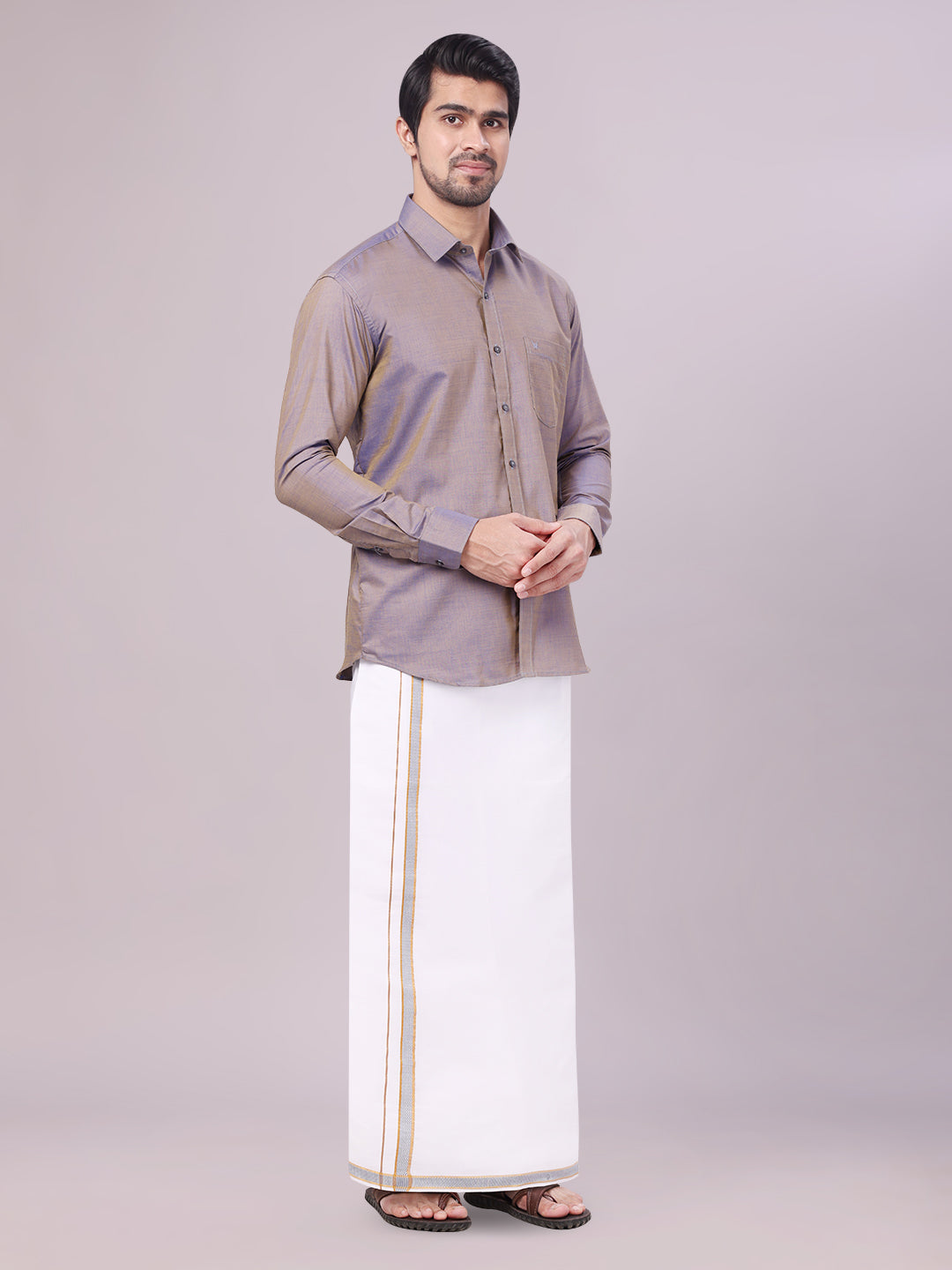 Men's Ash Grey Shirt with Matching Border Dhoti Combo Pinto side pose