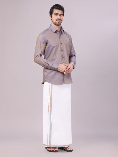 Men's Ash Grey Shirt with Matching Border Dhoti Combo Pinto side pose