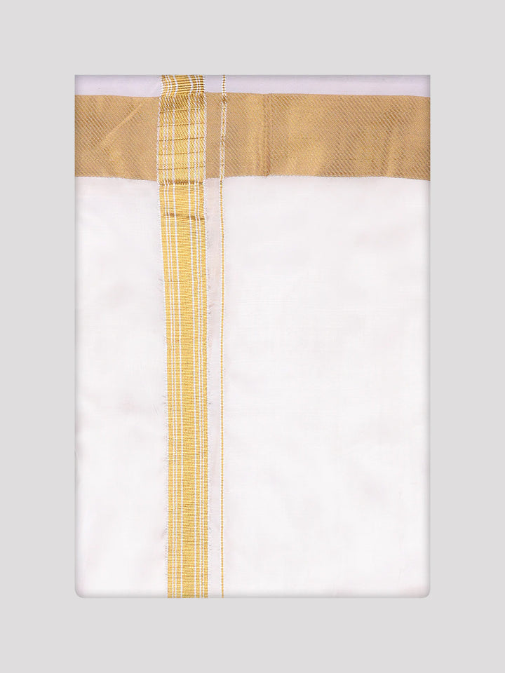 Men's Art Silk Off White Full Sleeves Shirt with 100k Gold Jari Border Dhoti Combo Finesse