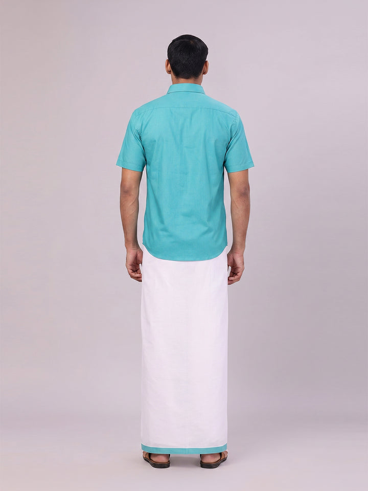 Mens Sky Green Color Shirt with Matching Border Dhoti Combo Casper