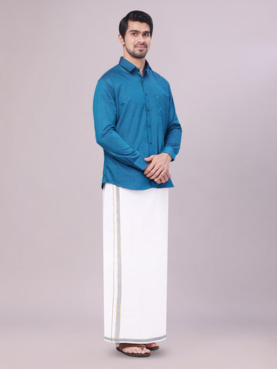 Men's Peacock Shirt with Matching Border Dhoti Combo Pinto side pose