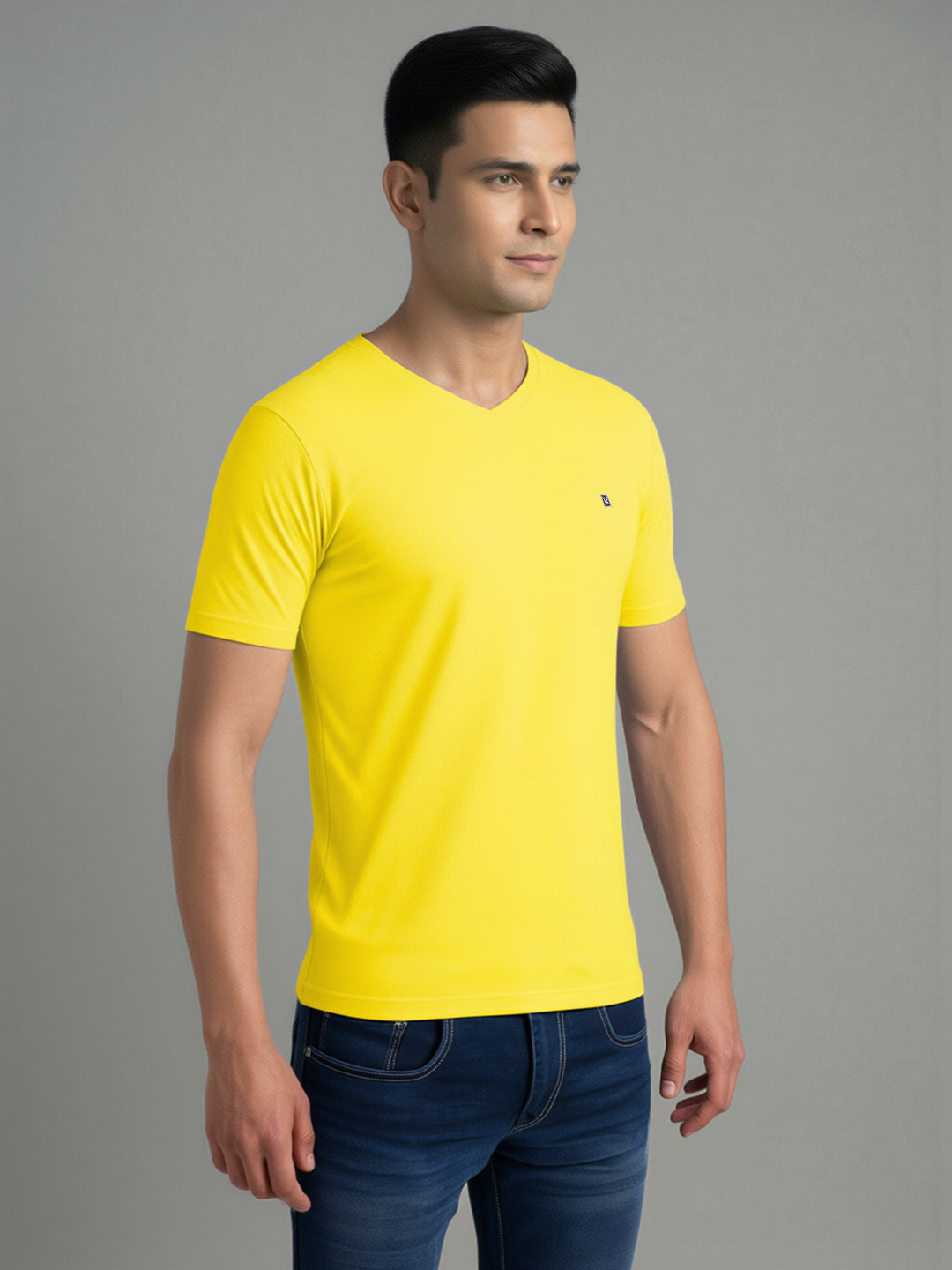 Men's Yellow Regular Fit V-Neck T-Shirt Caliber