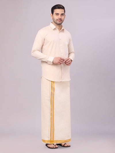 Men's Tissue Gold Shirt with Jacquard Fancy Border Dhoti Wedding Combo Nios side pose