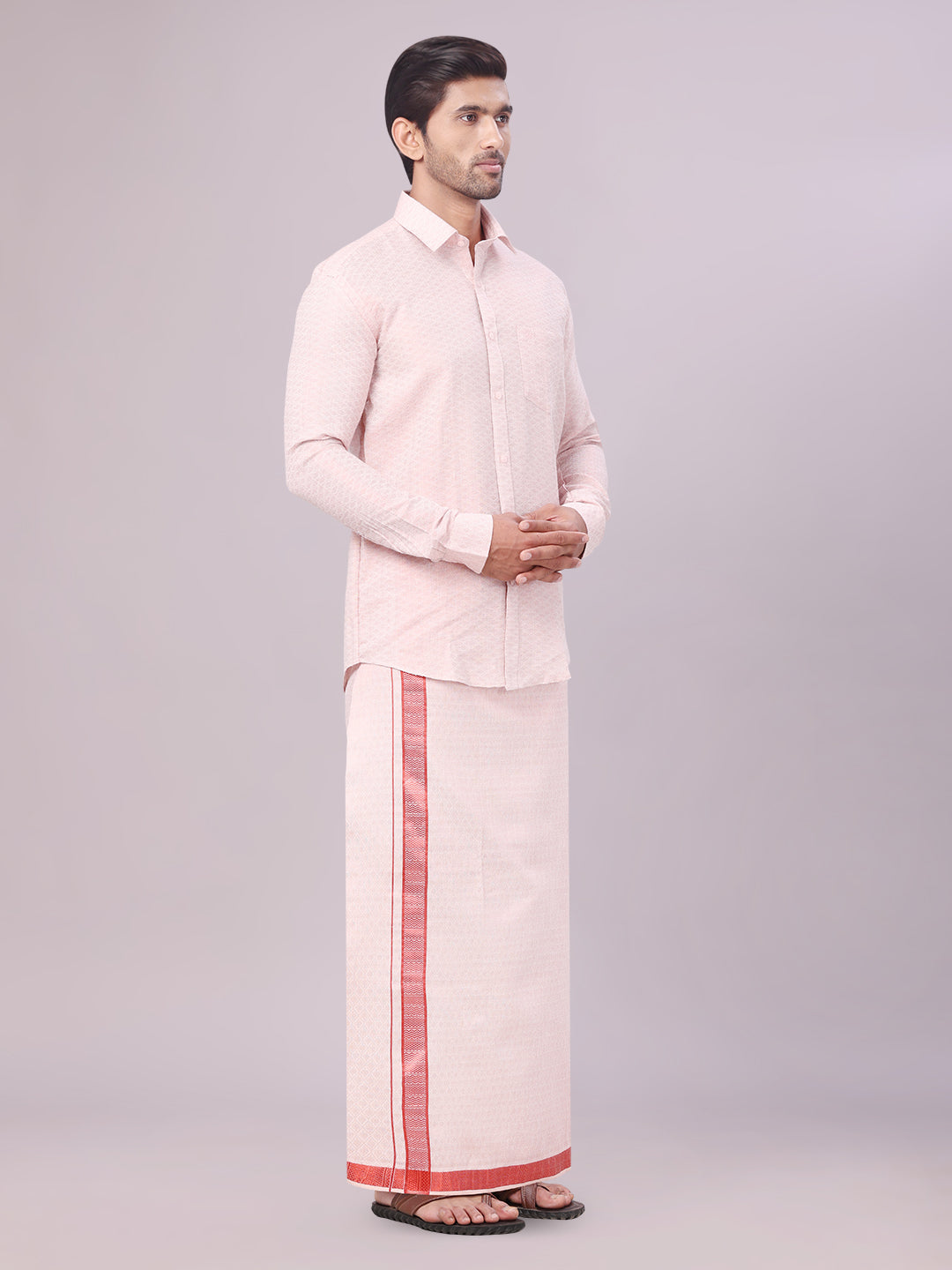 Men's Maroon Tissue Jacquard Shirt with Matching Dhoti Combo Zeus side pose