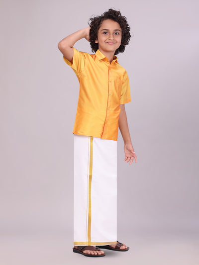 Boys Art Silk Golden Yellow Half Sleeves Shirt with Gold Jari Flexi Dhoti Towel Combo - side pose