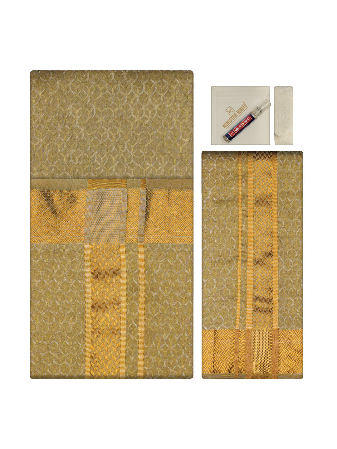 Men's Premium Art Silk Mango Shirt Bit with 2 1/2" Gold Jari Border Dhoti Towel Combo Sweden