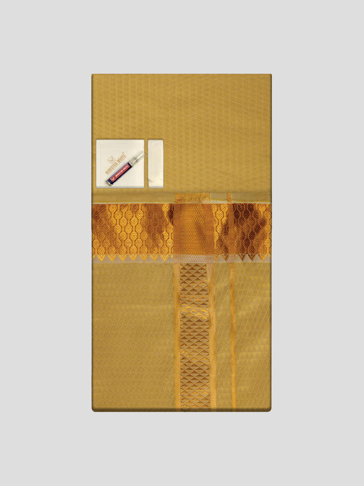 Men's Premium Art Silk Mango Shirt Bit with 2 1/2" Gold Jari Border Dhoti Towel Combo Sieger